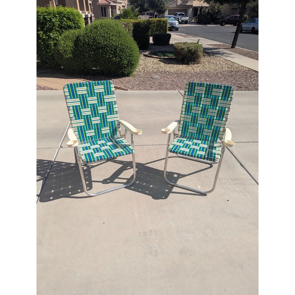 VTG Aluminum Webbed Lawn Chairs Set Of 2 Folding Patio Retro Blue Green MCM